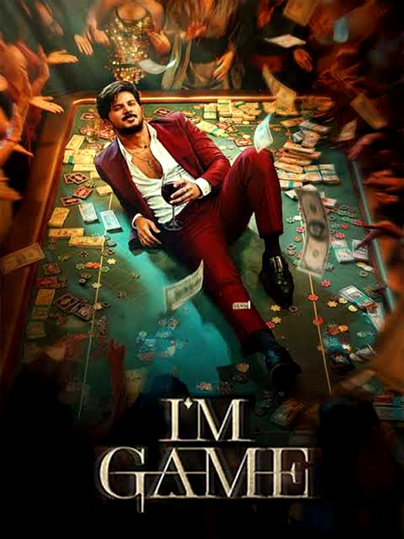 I'M GAME promotional poster with Dulquer Salmaan on a gambling table